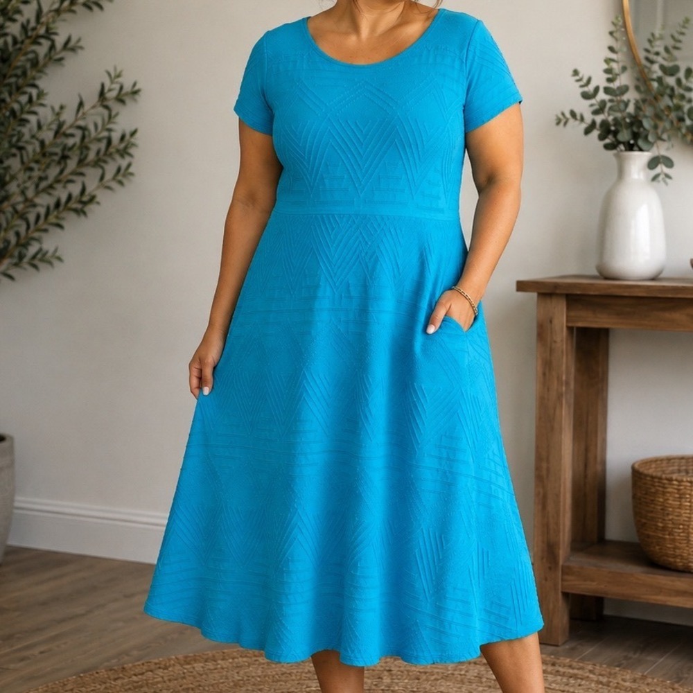 Talbots Aqua Blue Geometric Fit & Flare Crochet Textured Dress Women XL